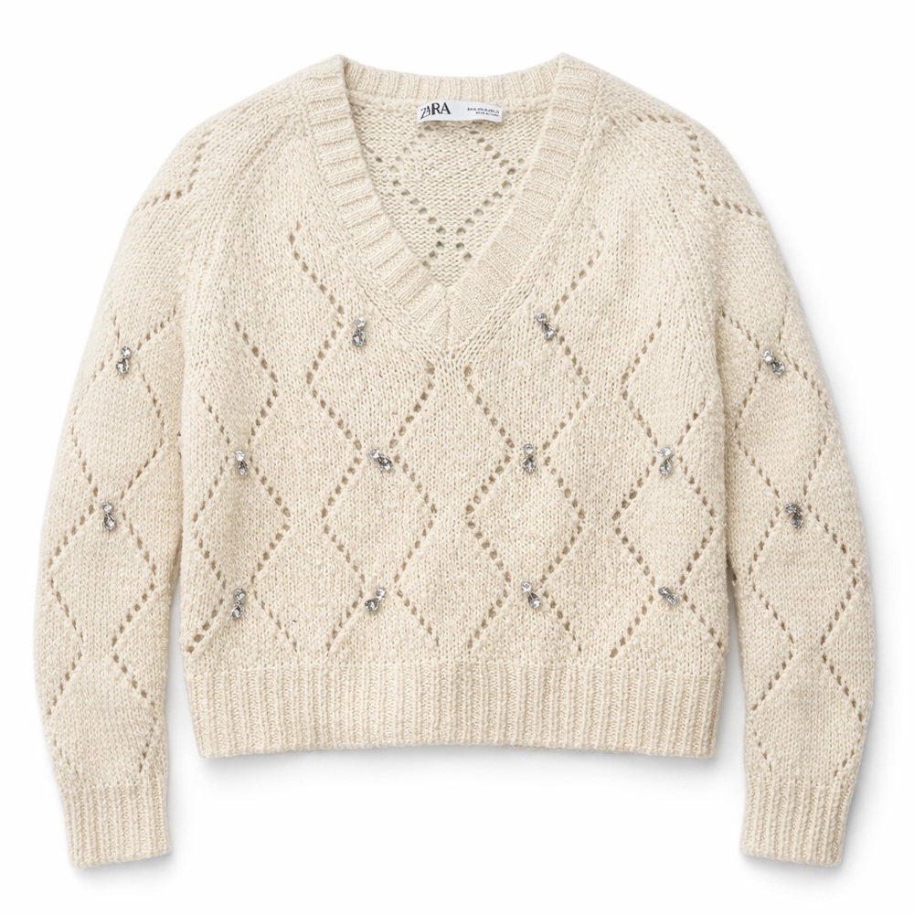 ZARA Cream V-Neck Openwork Knit Sweater with Crystal Accents